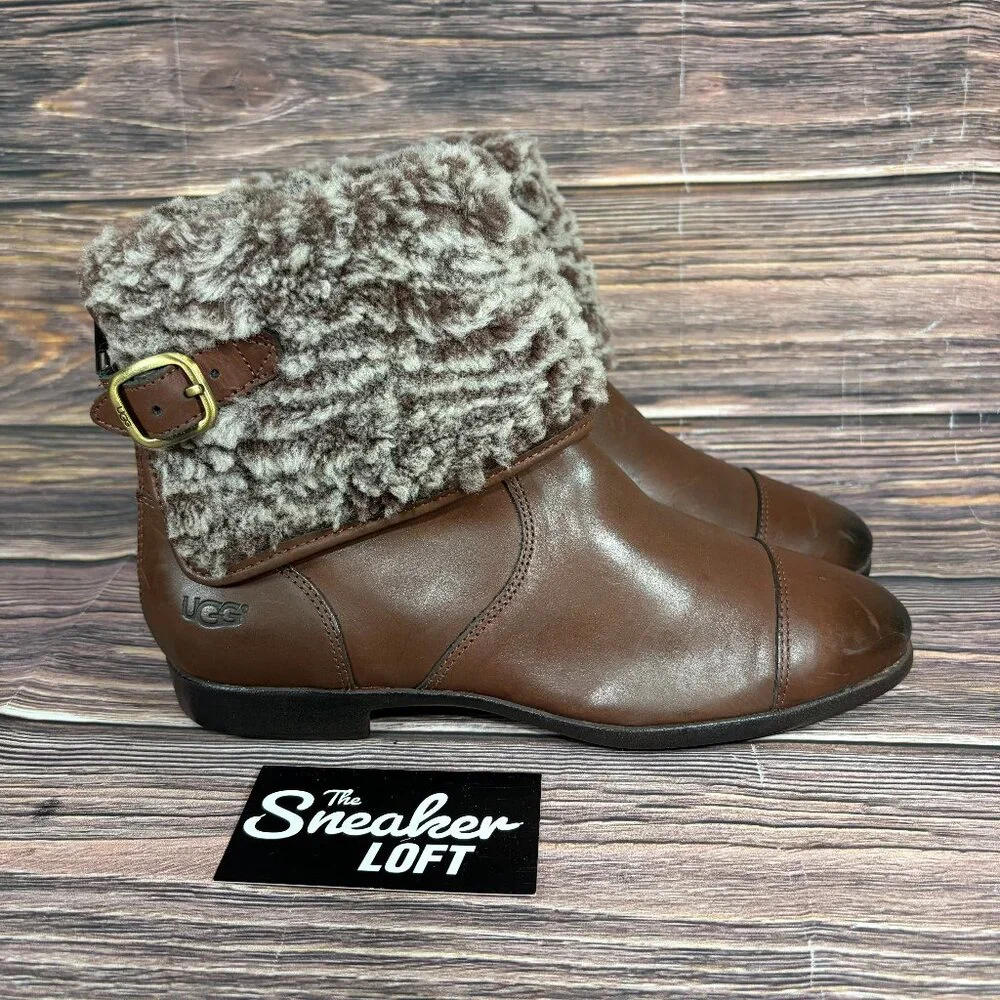 Ugg Women's Inez Round Toe Ankle Boot‎ Fold Over Cuff Brown Boots Size 8